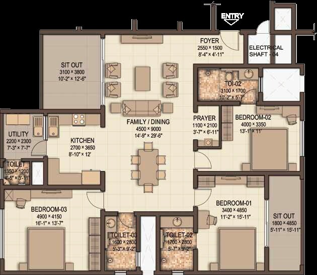 Floor plan of 3 BHK 2251 Sq. Ft. Apartment in Sobha Morzaria Grandeur Phase 2, Bangalore