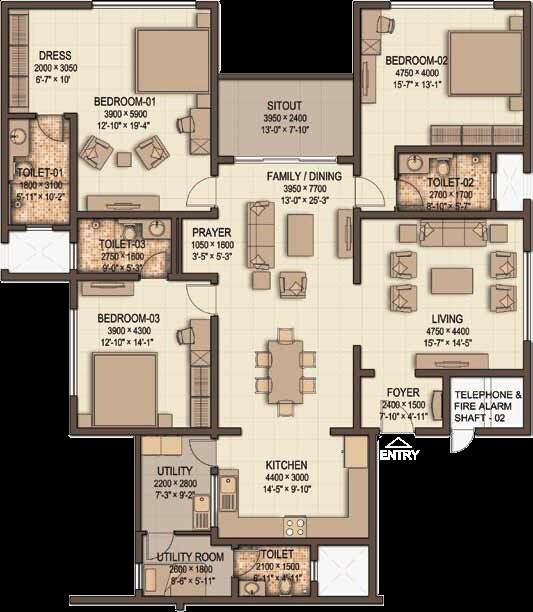 Floor plan of 3 BHK 2634 Sq. Ft. Apartment in Sobha Morzaria Grandeur Phase 2, Bangalore