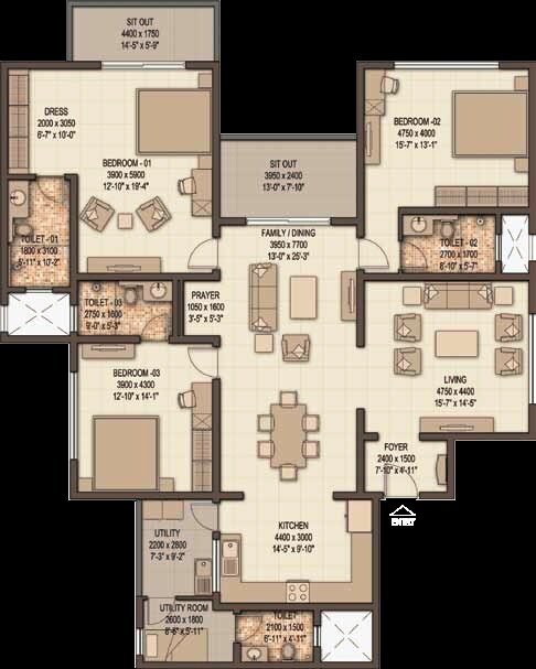 Floor plan of 3 BHK 2735 Sq. Ft. Apartment in Sobha Morzaria Grandeur Phase 2, Bangalore