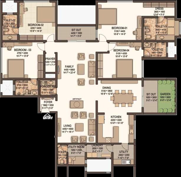 Floor plan of 4 BHK 3730 Sq. Ft. Apartment in Sobha Morzaria Grandeur Phase 2, Bangalore