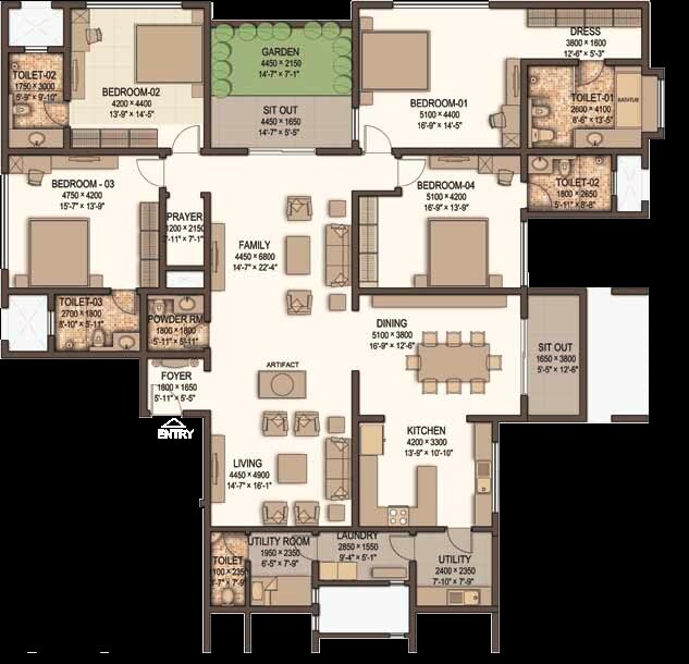 Floor plan of 4 BHK 3754 Sq. Ft. Apartment in Sobha Morzaria Grandeur Phase 2, Bangalore