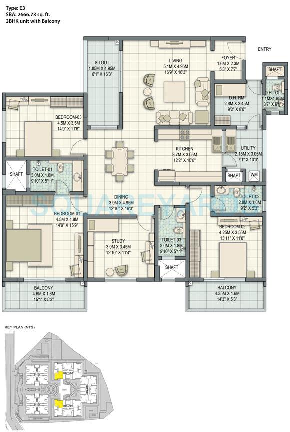 Floor plan of 3 BHK 2666 Sq. Ft. Apartment in Sobha Palladian, Bangalore