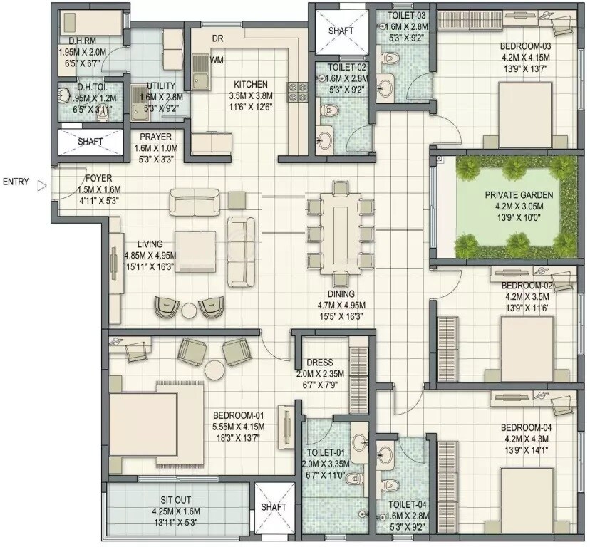 Floor plan of 4 BHK 2689 Sq. Ft. Apartment in Sobha Palladian, Bangalore