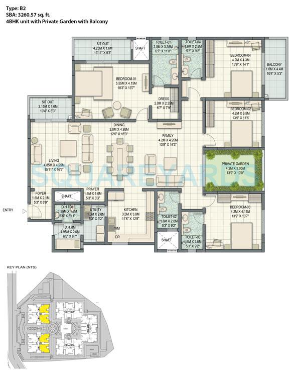 Floor plan of 4 BHK 3260 Sq. Ft. Apartment in Sobha Palladian, Bangalore