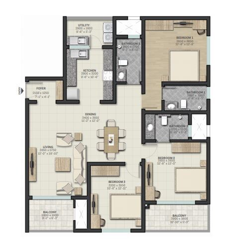 Floor plan of 3 BHK 1500 Sq. Ft. Apartment in Sobha Palm Courts, Bangalore