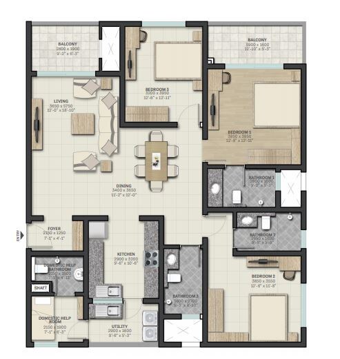 Floor plan of 3 BHK 1900 Sq. Ft. Apartment in Sobha Palm Courts, Bangalore