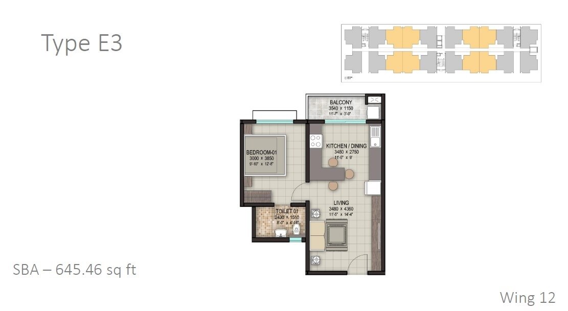 Floor plan of 1 BHK 645 Sq. Ft. Apartment in Sobha Palm Springs Phase 14 Wing 53, Bangalore
