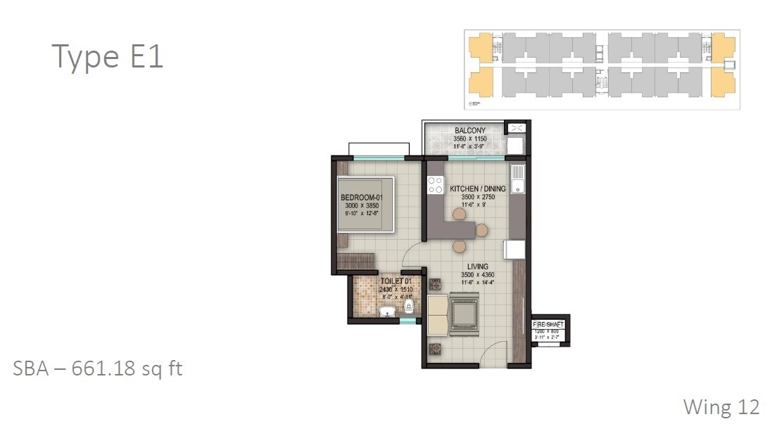 Floor plan of 1 BHK 661 Sq. Ft. Apartment in Sobha Palm Springs Phase 14 Wing 53, Bangalore
