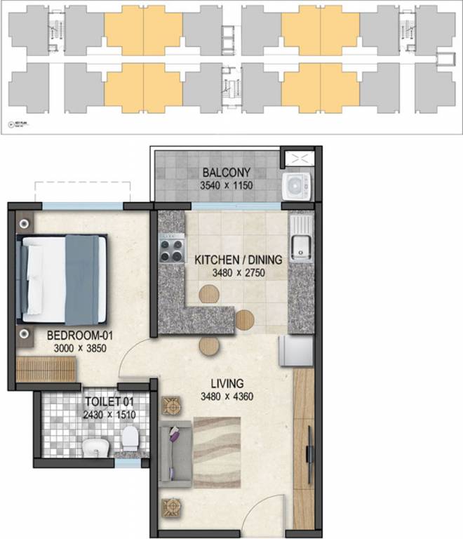 Floor plan of 1 BHK Apartment - 645 sq. ft. in Sobha Palm Springs Phase 17 Wing 54, Bangalore