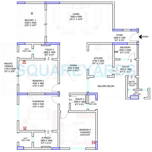 Floor plan of 3 BHK 2311 Sq. Ft. Apartment in Sobha Petunia, Bangalore