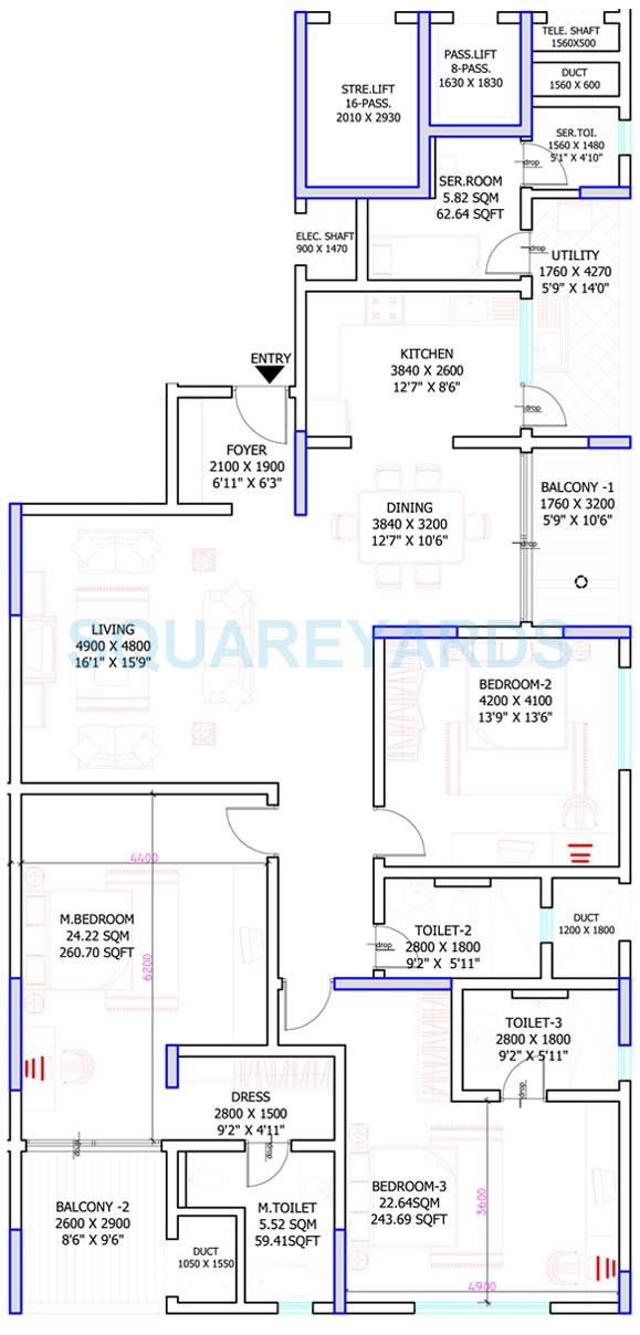 Floor plan of 3 BHK 2479 Sq. Ft. Apartment in Sobha Petunia, Bangalore