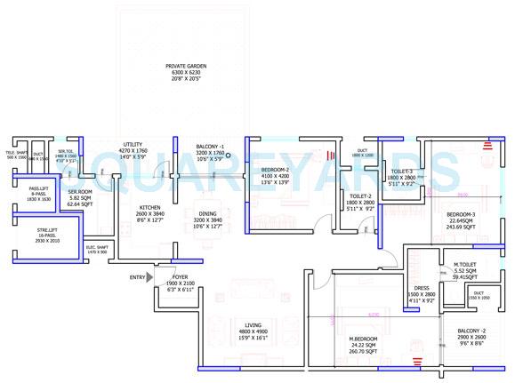 Floor plan of 3 BHK 2619 Sq. Ft. Apartment in Sobha Petunia, Bangalore