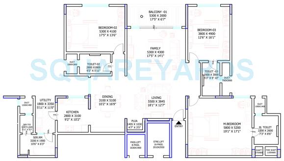 Floor plan of 3 BHK 2671 Sq. Ft. Apartment in Sobha Petunia, Bangalore