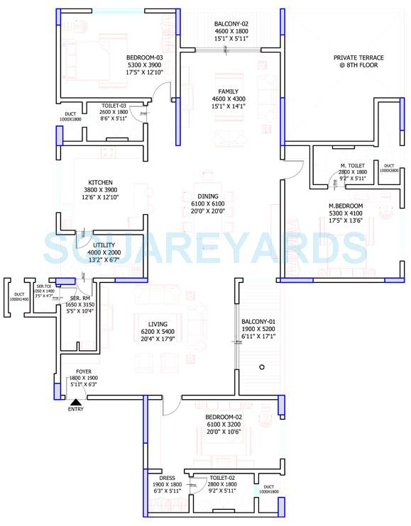 Floor plan of 3 BHK 3191 Sq. Ft. Apartment in Sobha Petunia, Bangalore