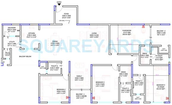 Floor plan of 4 BHK 3496 Sq. Ft. Apartment in Sobha Petunia, Bangalore
