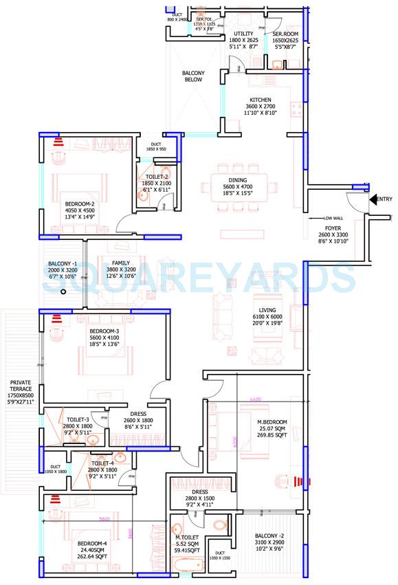 Floor plan of 4 BHK 3549 Sq. Ft. Apartment in Sobha Petunia, Bangalore