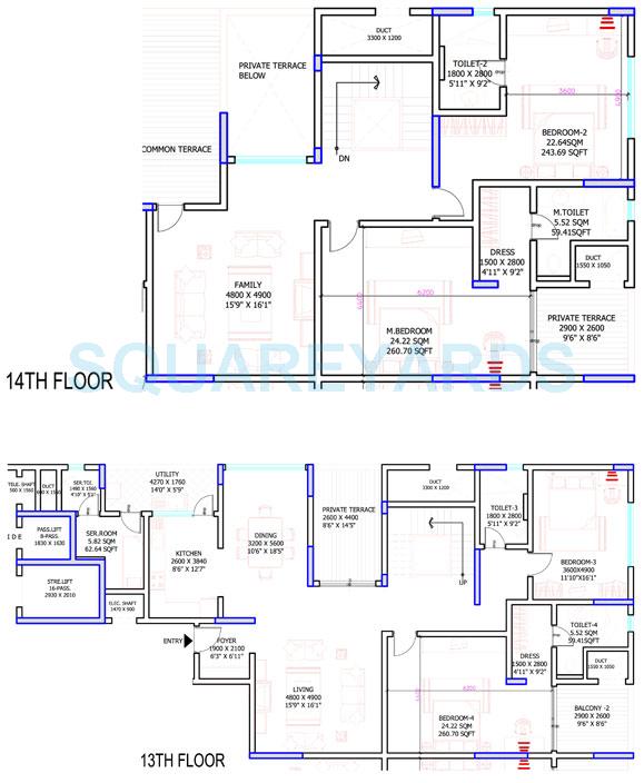 Floor plan of 4 BHK 3879 Sq. Ft. Apartment in Sobha Petunia, Bangalore