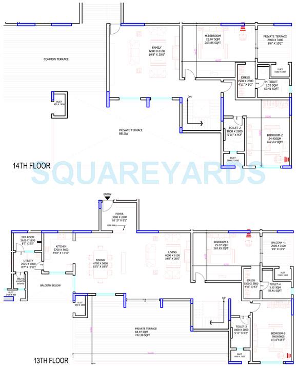 Floor plan of 4 BHK 4510 Sq. Ft. Apartment in Sobha Petunia, Bangalore