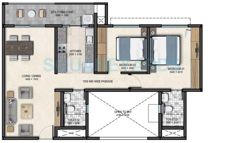 Floor plan of 1 BHK 1205 Sq. Ft. Apartment in Sobha Rain Forest, Bangalore