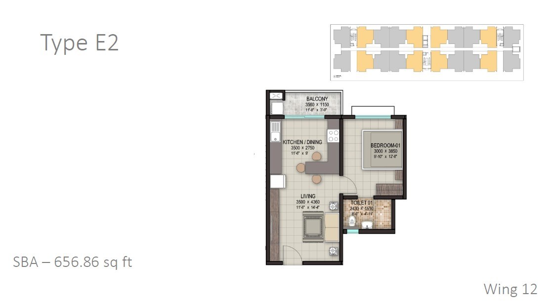 Floor plan of 1 BHK 656 Sq. Ft. Apartment in Sobha Rain Forest, Bangalore