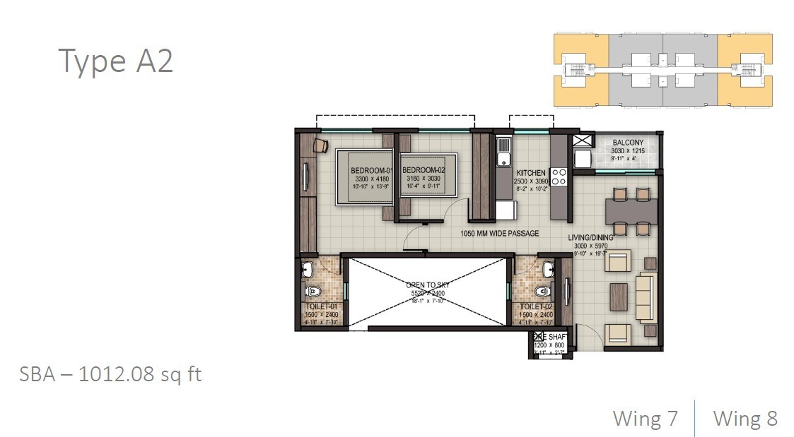 Floor plan of 2 BHK 1012 Sq. Ft. Apartment in Sobha Rain Forest, Bangalore