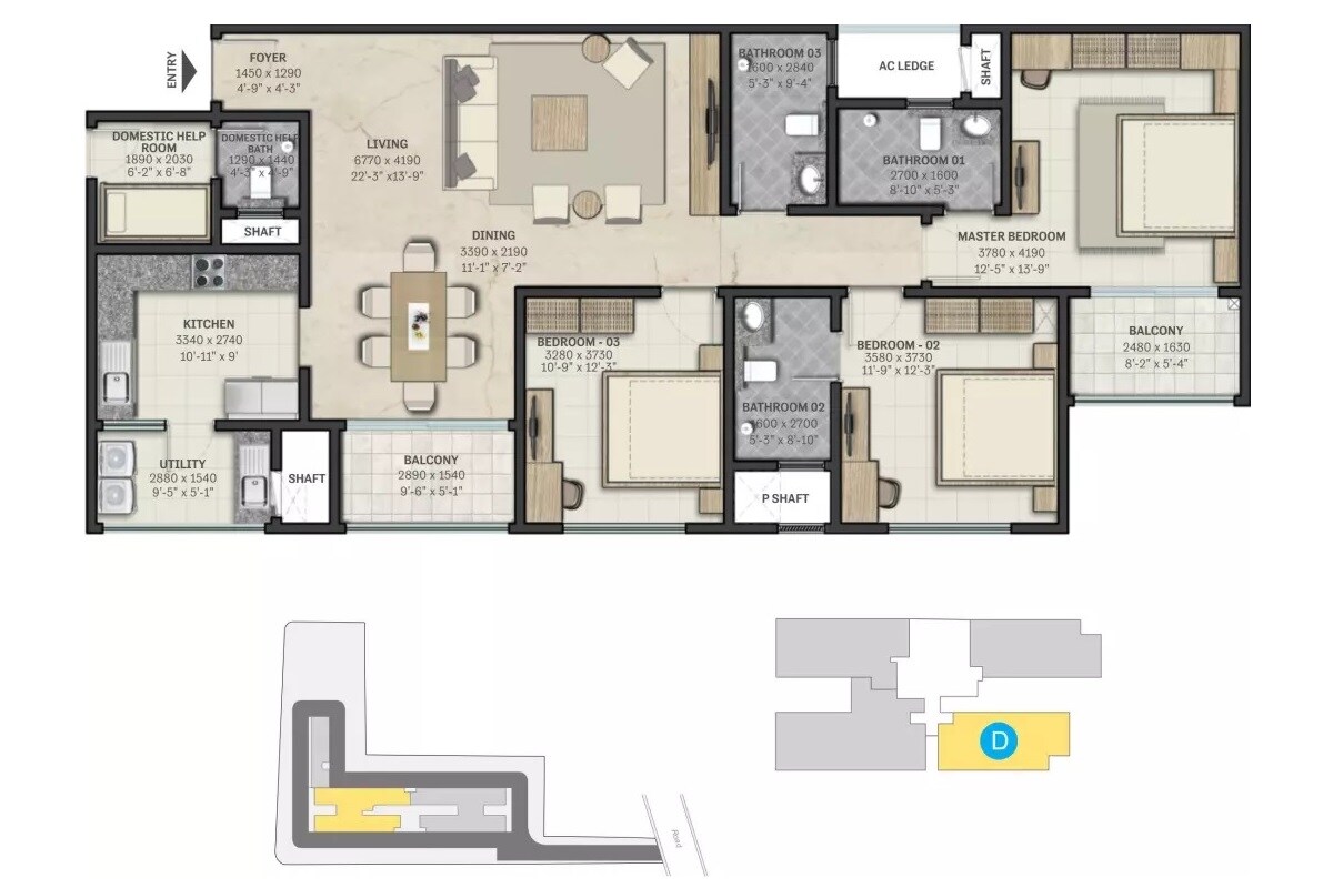 Floor plan of 3 BHK 1983 Sq. Ft. Apartment in Sobha Rajvilas, Bangalore