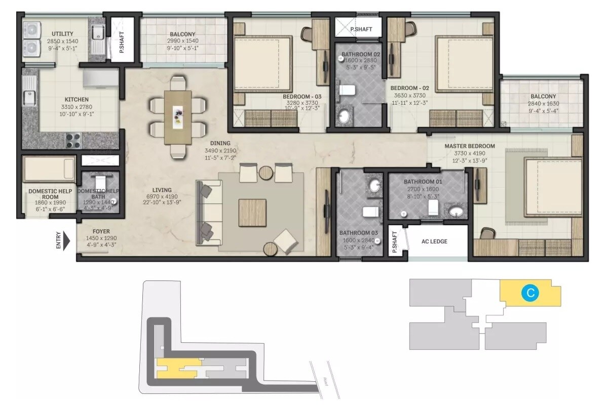 Floor plan of 3 BHK 2002 Sq. Ft. Apartment in Sobha Rajvilas, Bangalore