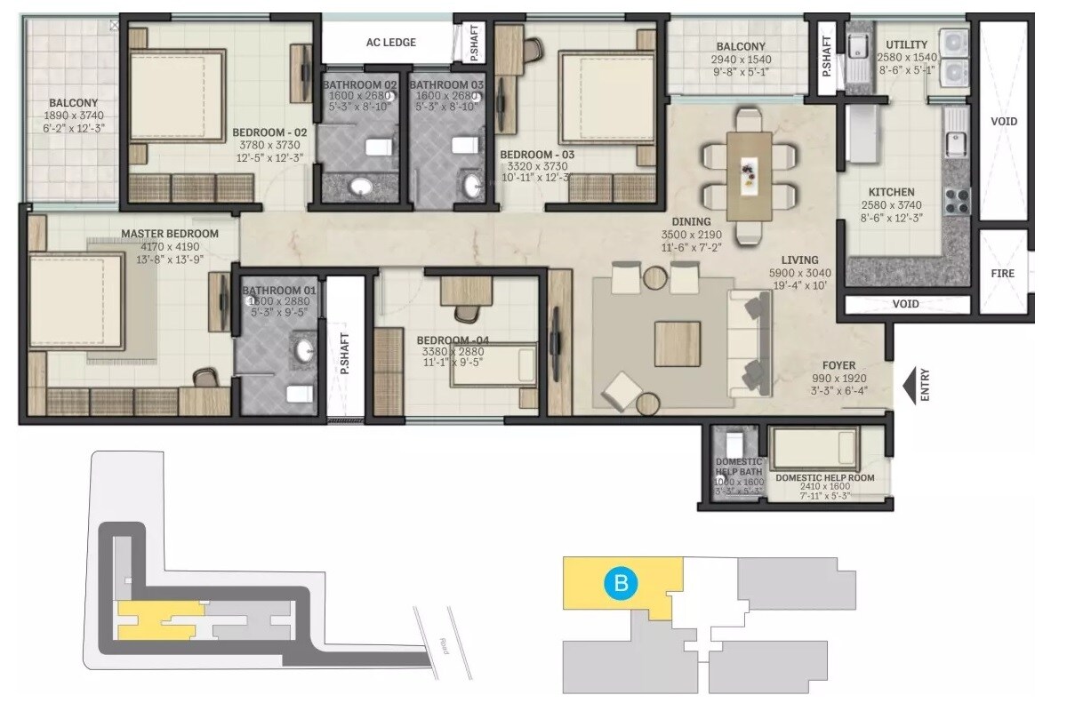 Floor plan of 3 BHK 2171 Sq. Ft. Apartment in Sobha Rajvilas, Bangalore
