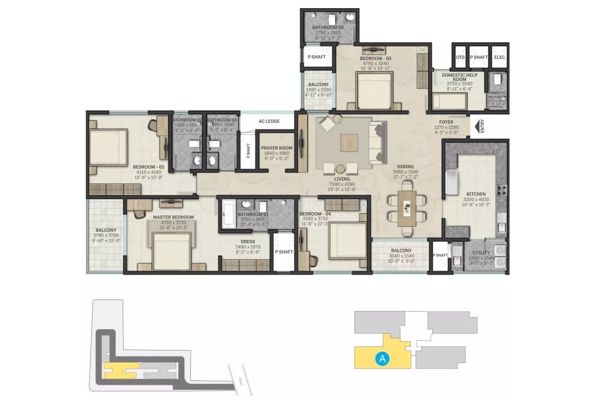 Floor plan of 4 BHK 2848 Sq. Ft. Apartment in Sobha Rajvilas, Bangalore