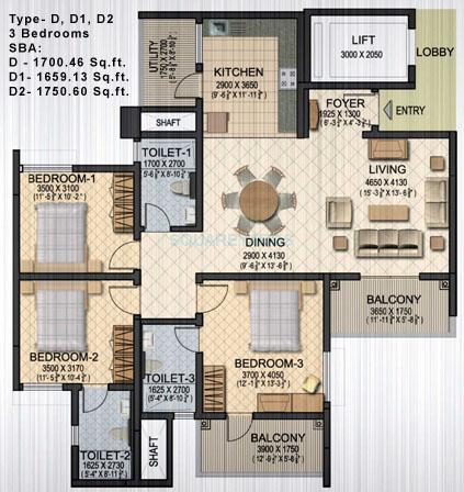 Floor plan of 3 BHK 1700 Sq. Ft. Apartment in Sobha Ruby Platinum, Bangalore