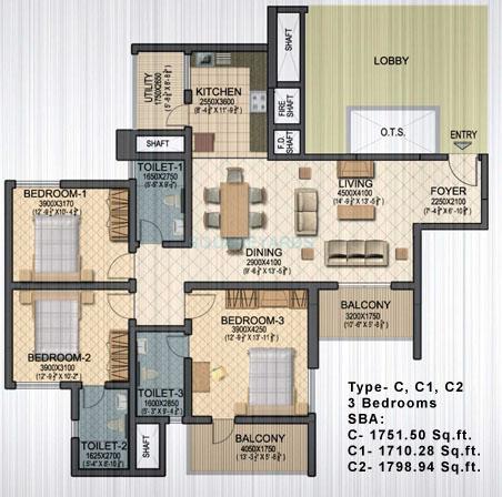 Floor plan of 3 BHK 1752 Sq. Ft. Apartment in Sobha Ruby Platinum, Bangalore