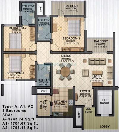 Floor plan of 3 BHK 1793 Sq. Ft. Apartment in Sobha Ruby Platinum, Bangalore