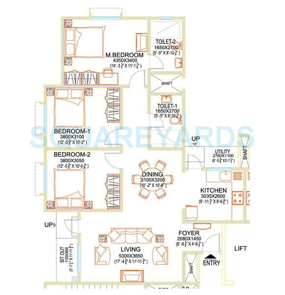 Floor plan of 3 BHK 1414 Sq. Ft. Apartment in Sobha Basil, Bangalore