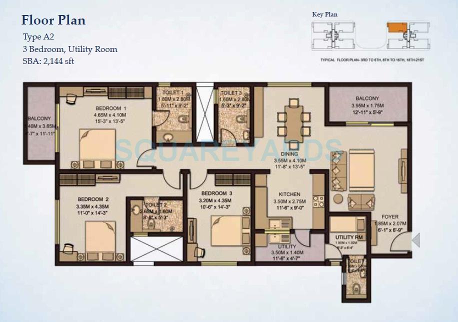 Floor plan of 3 BHK 2144 Sq. Ft. Apartment in Sobha City Casa Paradiso, Bangalore
