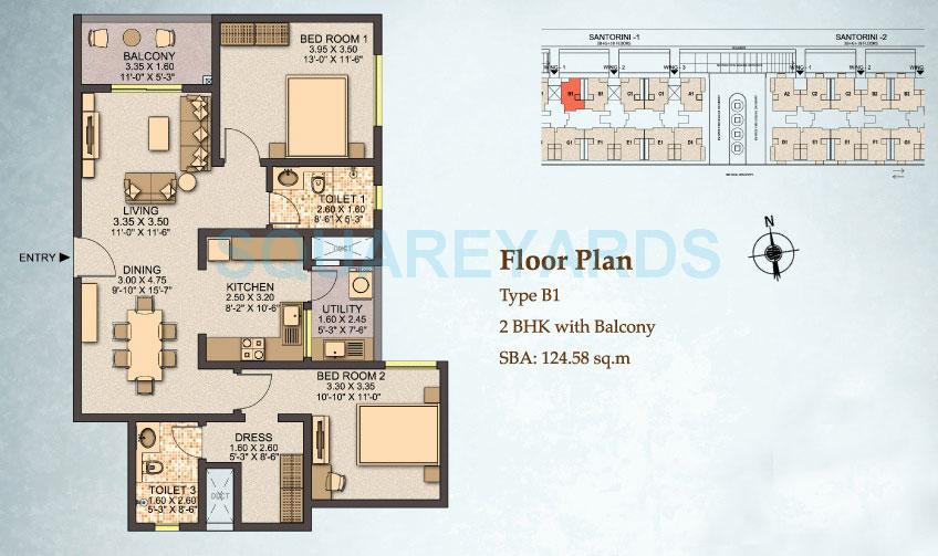 Floor plan of 2 BHK 1340 Sq. Ft. Apartment in Sobha City Santorini, Bangalore