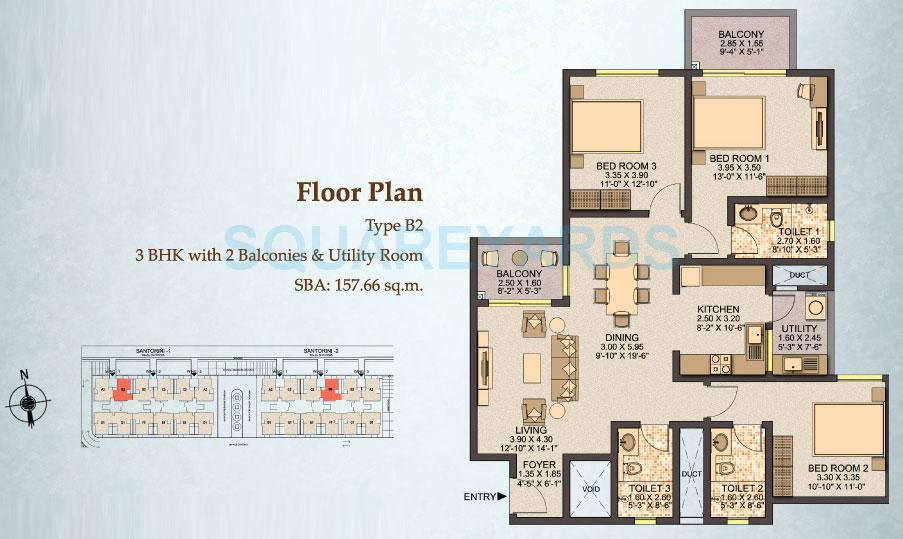 Floor plan of 3 BHK 1740 Sq. Ft. Apartment in Sobha City Santorini, Bangalore