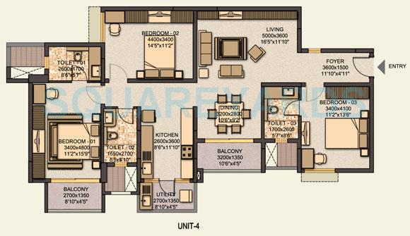 Floor plan of 3 BHK 1300 Sq. Ft. Apartment in Sobha Coral, Bangalore
