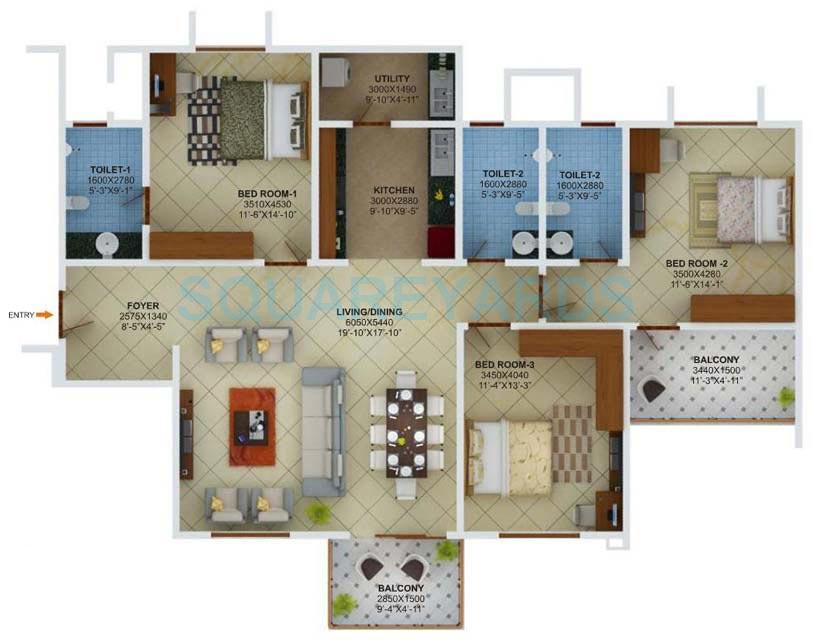 Floor plan of 3 BHK 1810 Sq. Ft. Apartment in Sobha Jade, Bangalore