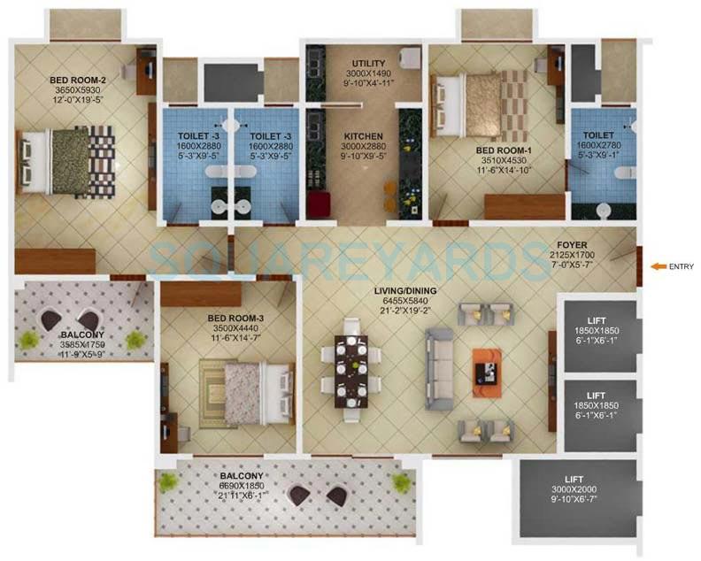 Floor plan of 3 BHK 1868 Sq. Ft. Apartment in Sobha Jade, Bangalore