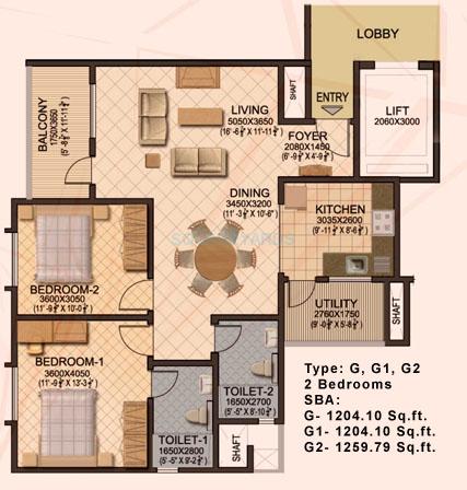 Floor plan of 2 BHK 1204 Sq. Ft. Apartment in Sobha Ruby, Bangalore