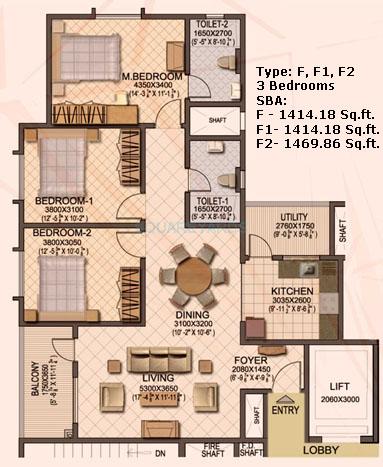 Floor plan of 3 BHK 1414 Sq. Ft. Apartment in Sobha Ruby, Bangalore