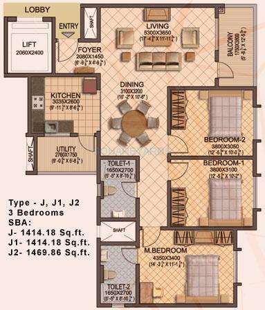 Floor plan of 3 BHK 1470 Sq. Ft. Apartment in Sobha Ruby, Bangalore