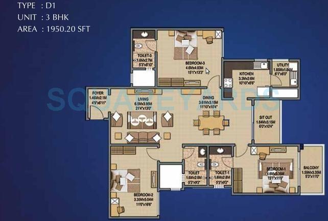 Floor plan of 3 BHK 1950 Sq. Ft. Apartment in Sobha Sunflower, Bangalore