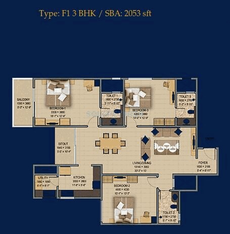 Floor plan of 3 BHK 2053 Sq. Ft. Apartment in Sobha Sunflower, Bangalore