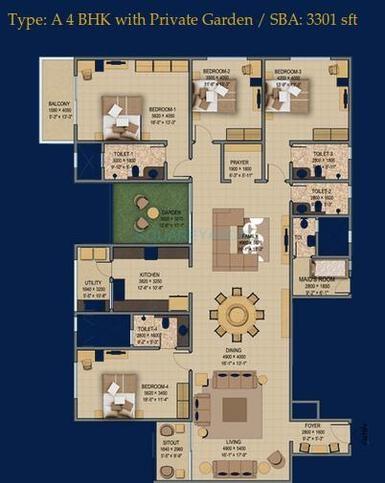 Floor plan of 4 BHK 3301 Sq. Ft. Apartment in Sobha Sunflower, Bangalore