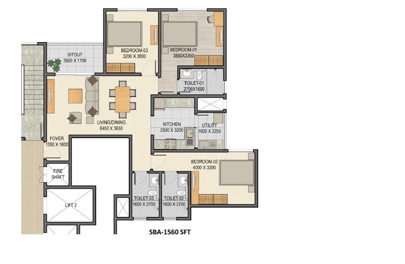 Floor plan of 3 BHK 1560 Sq. Ft. Apartment in Sobha Square, Bangalore