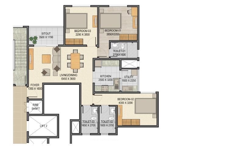 Floor plan of 3 BHK 1720 Sq. Ft. Apartment in Sobha Square, Bangalore