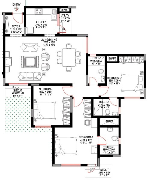 Floor plan of 3 BHK 1909 Sq. Ft. Apartment in Sobha Sunbeam 2, Bangalore