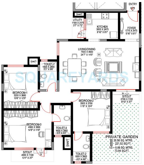 Floor plan of 3 BHK 1639 Sq. Ft. Apartment in Sobha Sunbeam 1, Bangalore