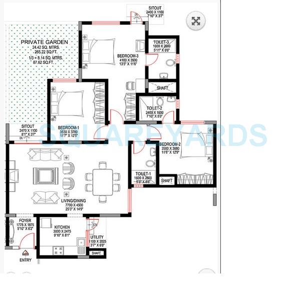 Floor plan of 3 BHK 1675 Sq. Ft. Apartment in Sobha Sunbeam 1, Bangalore